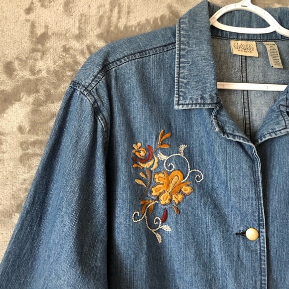 Classic Elements Women Denim Top Size 20-22W Embroidered Floral Bohemian - Picture 4 of 16